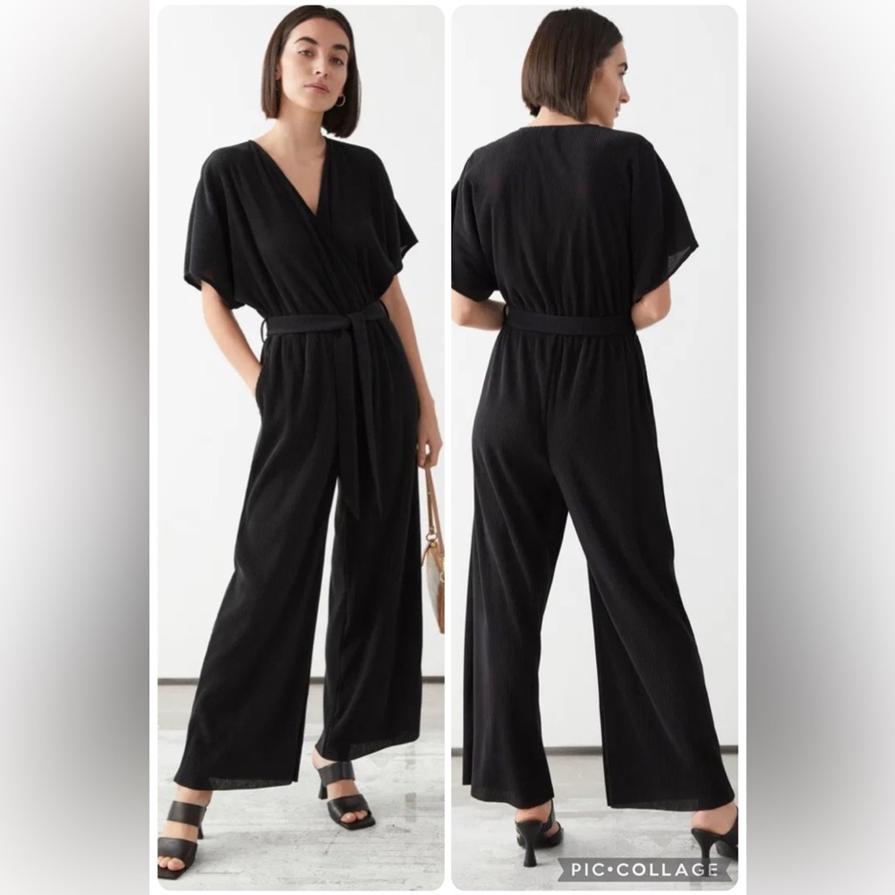 & Other Stories Plisse Pleated Wide Leg Wrap Jumpsuit Size 2
